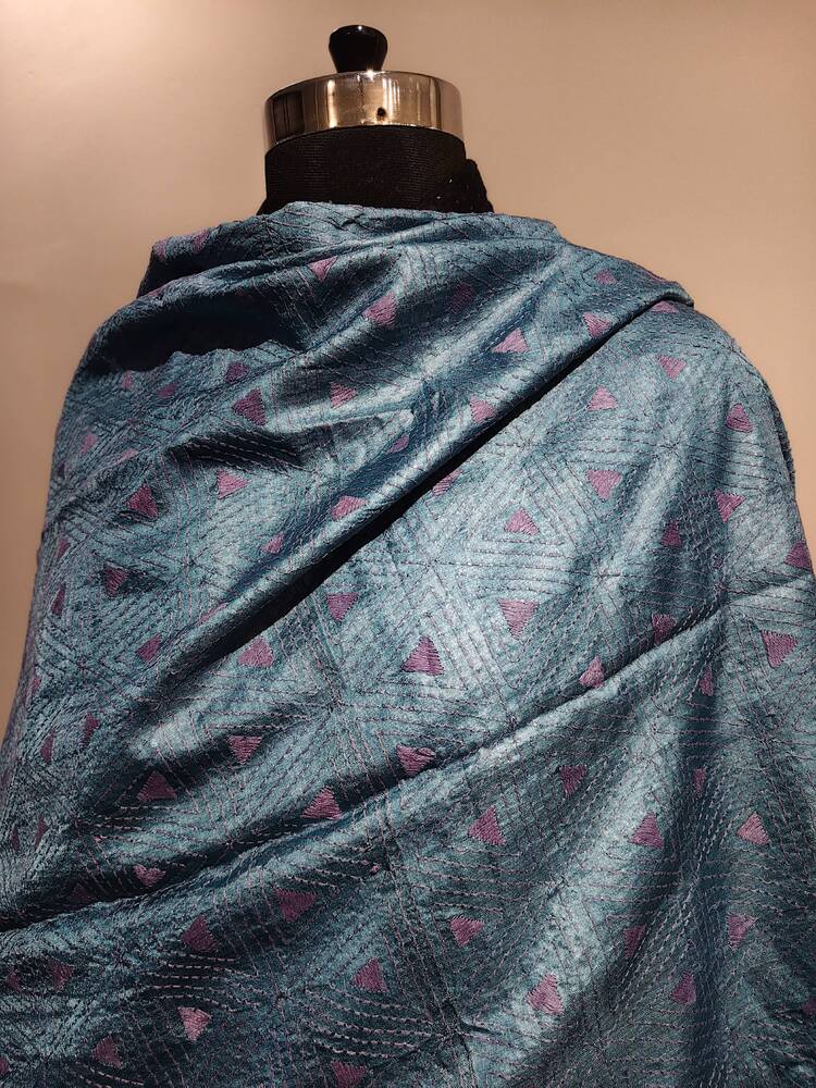 Teal Blue Silk Kantha Dupatta