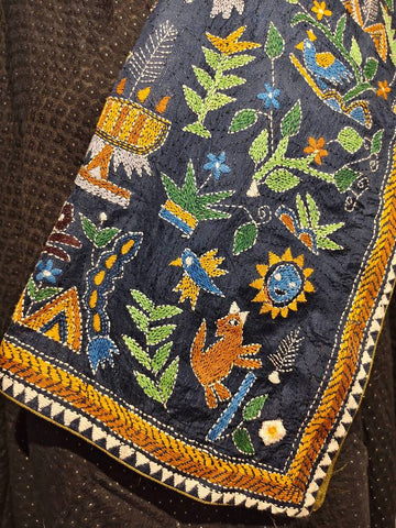 Navy Blue Silk Kantha Dupatta