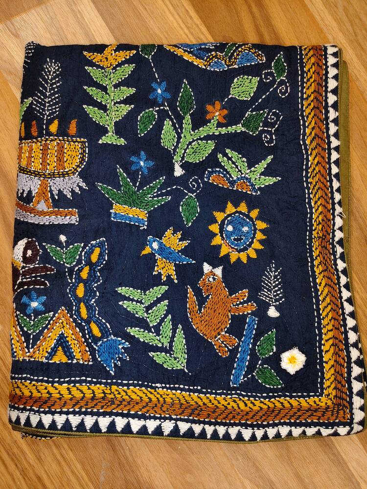 Navy Blue Silk Kantha Dupatta