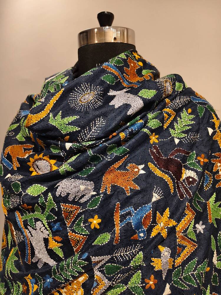 Navy Blue Silk Kantha Dupatta