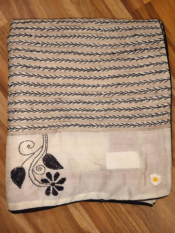Off white Black Silk Kantha Dupatta