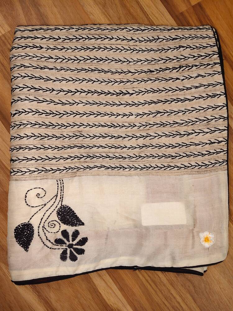 Off white Black Silk Kantha Dupatta