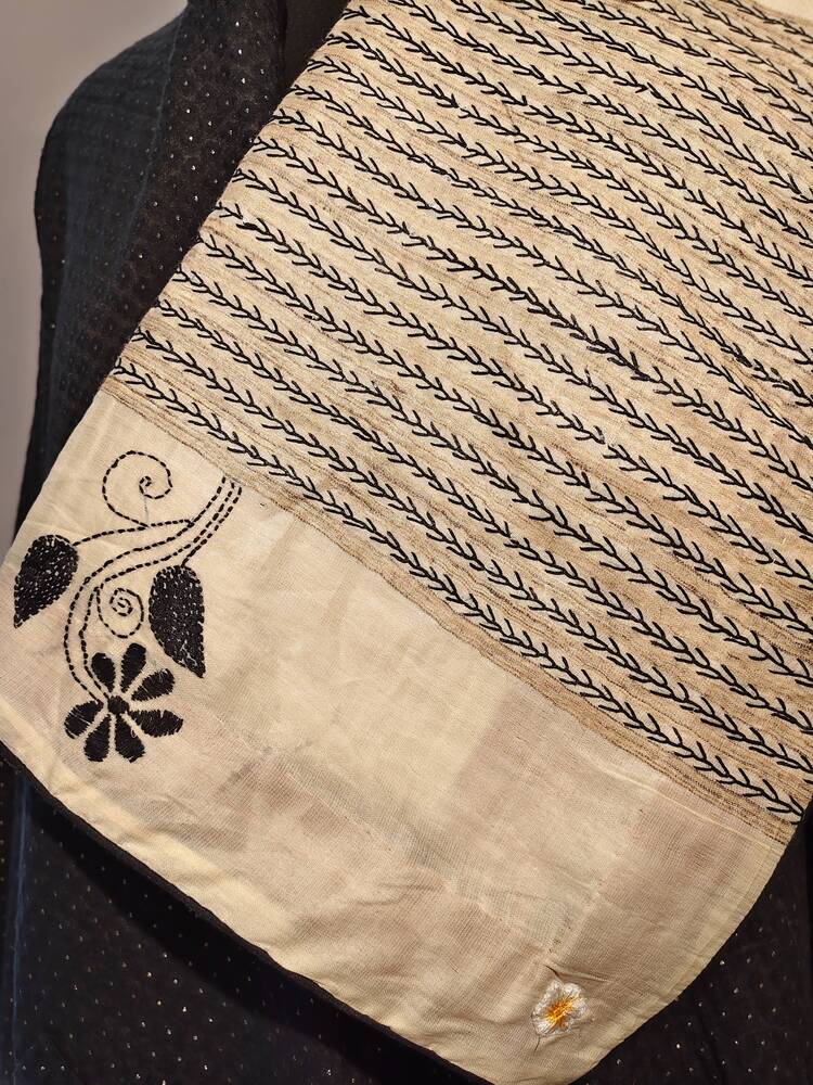 Off white Black Silk Kantha Dupatta