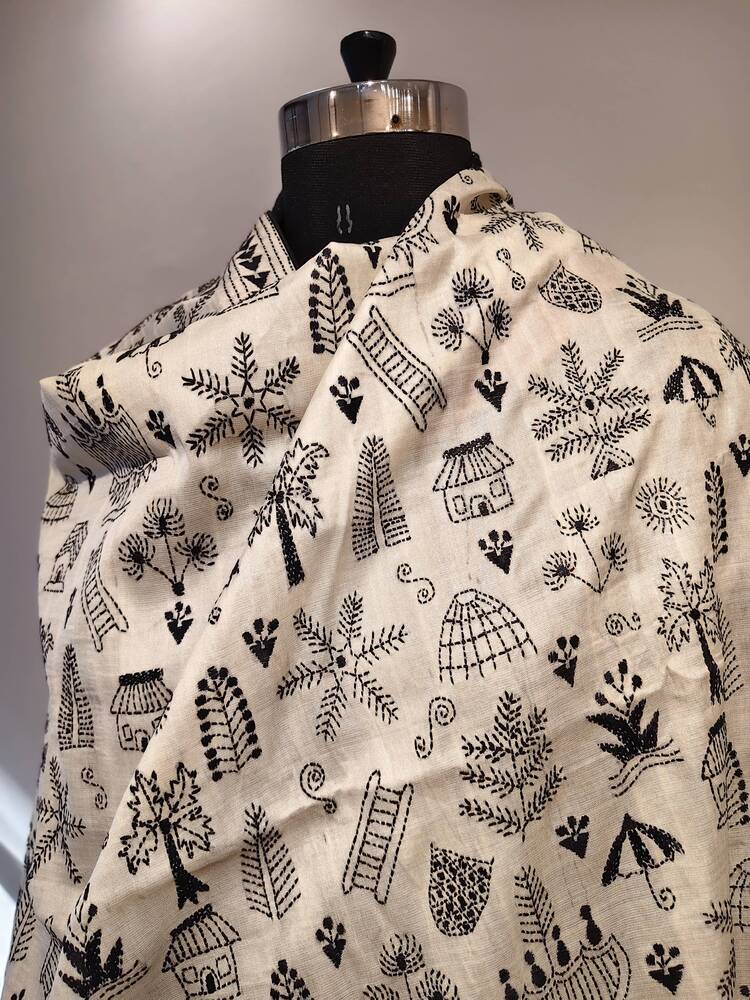 Off white Black Silk Kantha Dupatta