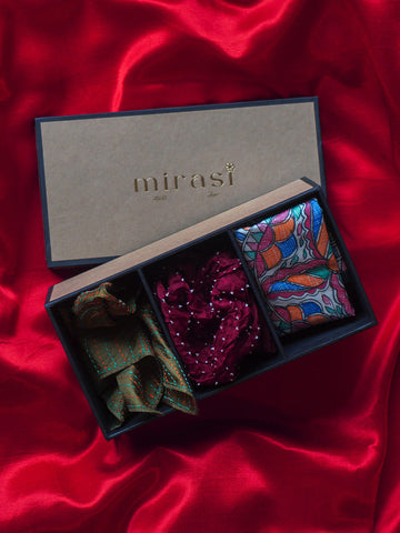 Three Pocket Squares Gift Box (Mehndi Green,Maroon, Multiple)