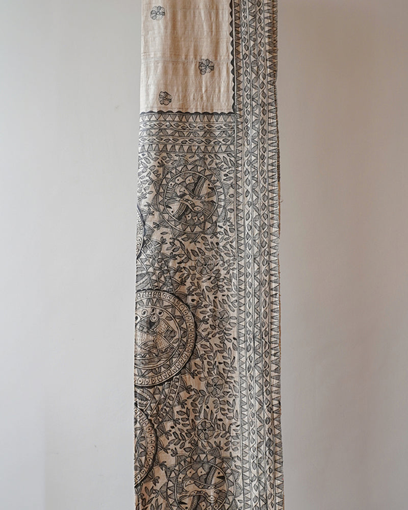 Beige & Black Madhubani Hand printed Saree