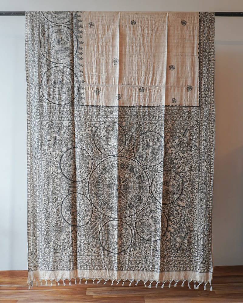 Beige & Black Madhubani Hand printed Saree