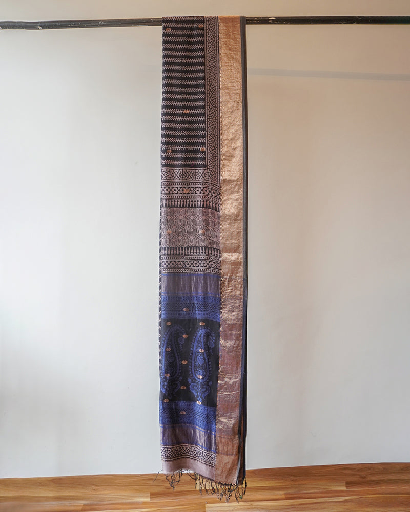 Black and Blue Hand Block Printed Maheshwari Saree