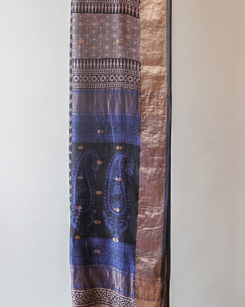 Black and Blue Hand Block Printed Maheshwari Saree