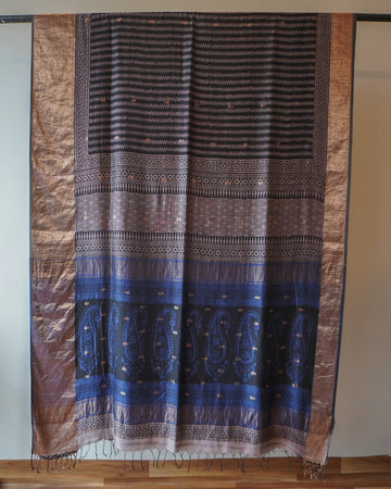 Black and Blue Hand Block Printed Maheshwari Saree