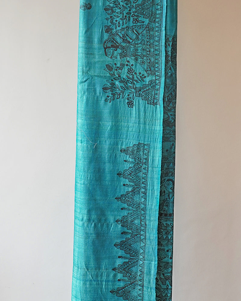 Blue Madhubani Hand Printed Saree