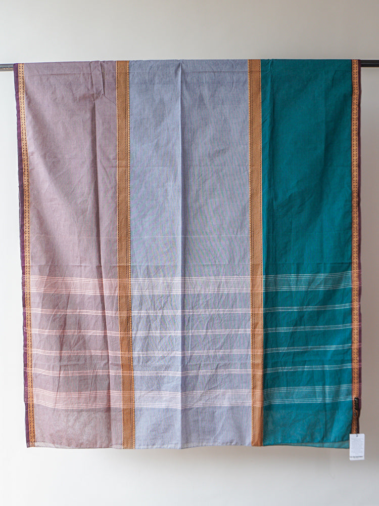 Green Blue and Light Pink Bengal Cotton Saree
