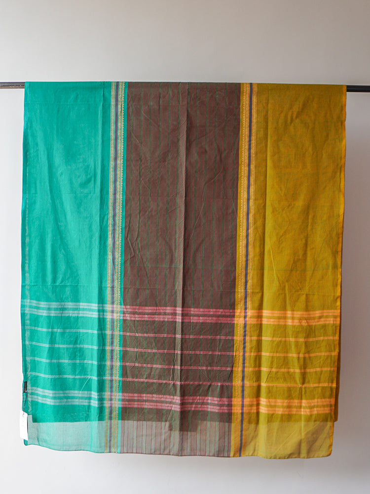 Green Brown and Mustard Bengal Cotton Saree