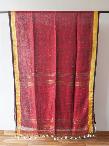 Maroon Linen With Zari Saree