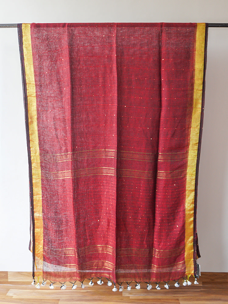 Maroon Linen With Zari Saree