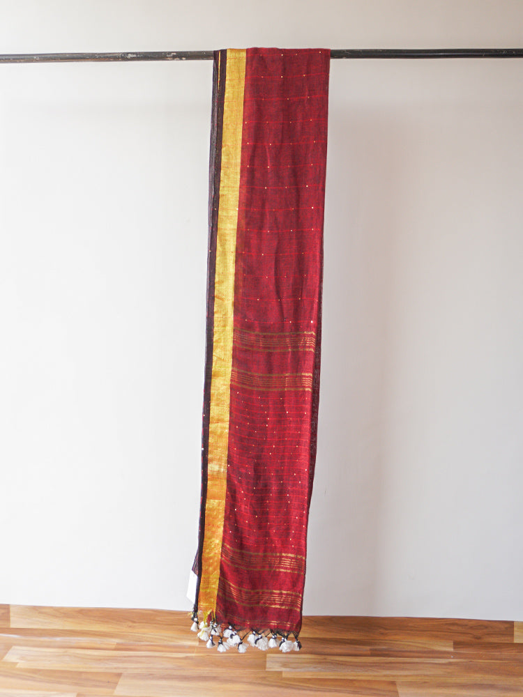 Maroon Linen With Zari Saree