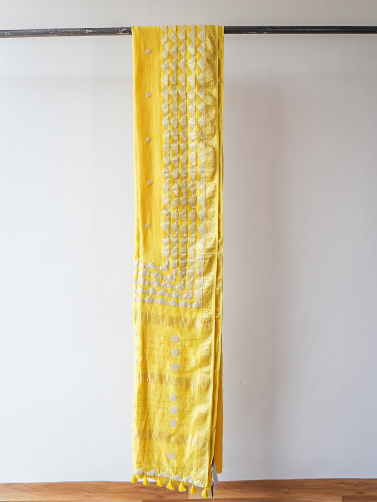 Yellow Applique Work Saree On Chanderi