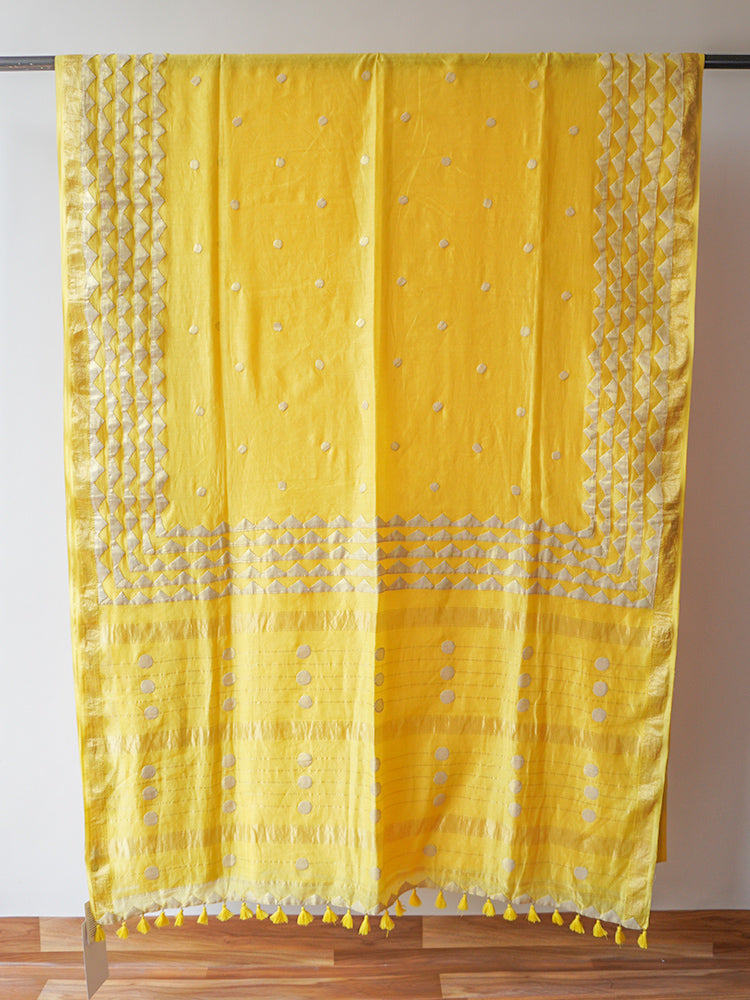 Yellow Applique Work Saree On Chanderi