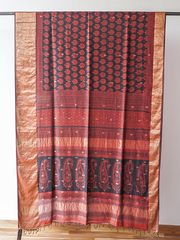 Brown Bagh Block Print Maheshwari Saree