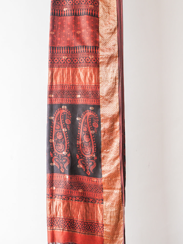 Brown Bagh Block Print Maheshwari Saree