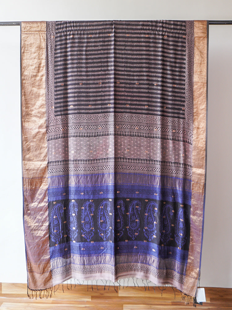 Navy Blue Bagh Block Print Maheshwari Saree