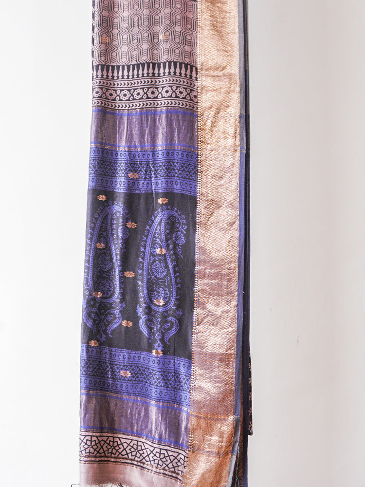Navy Blue Bagh Block Print Maheshwari Saree