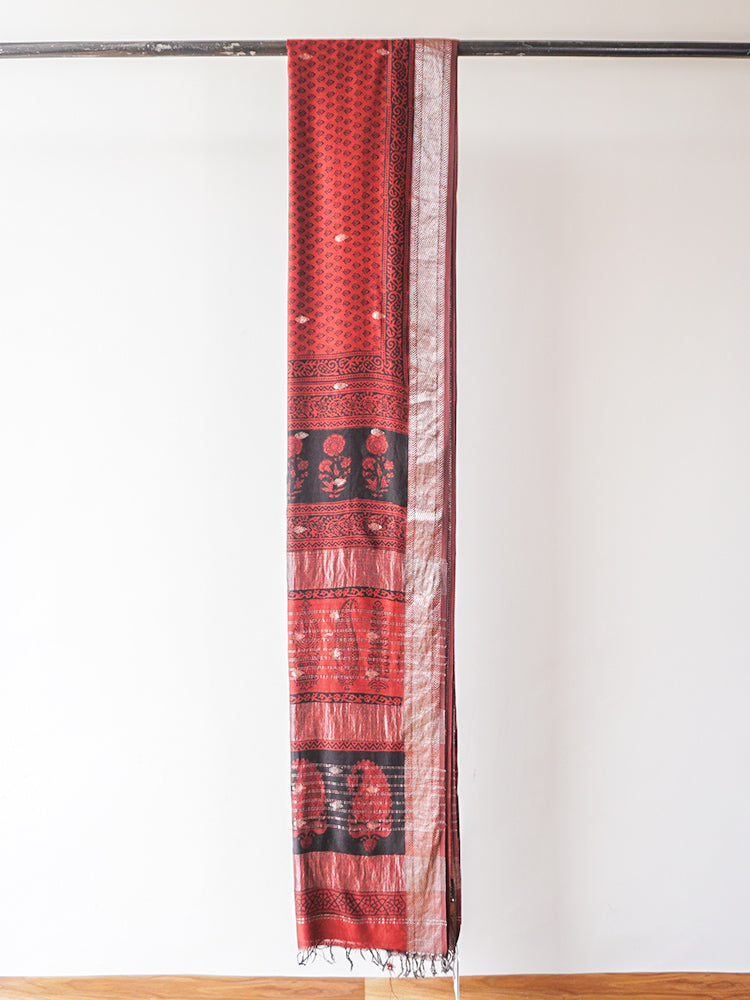 Maroon Bagh Block Print Maheshwari Saree