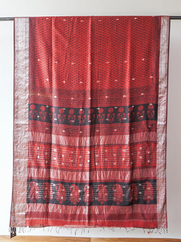 Maroon Bagh Block Print Maheshwari Saree