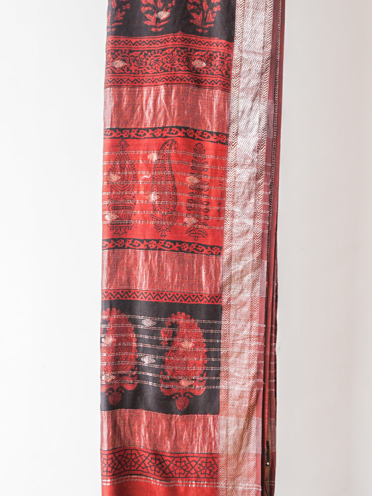 Maroon Bagh Block Print Maheshwari Saree