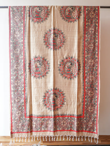 Multicolour Madhubani Hand printed Silk Saree