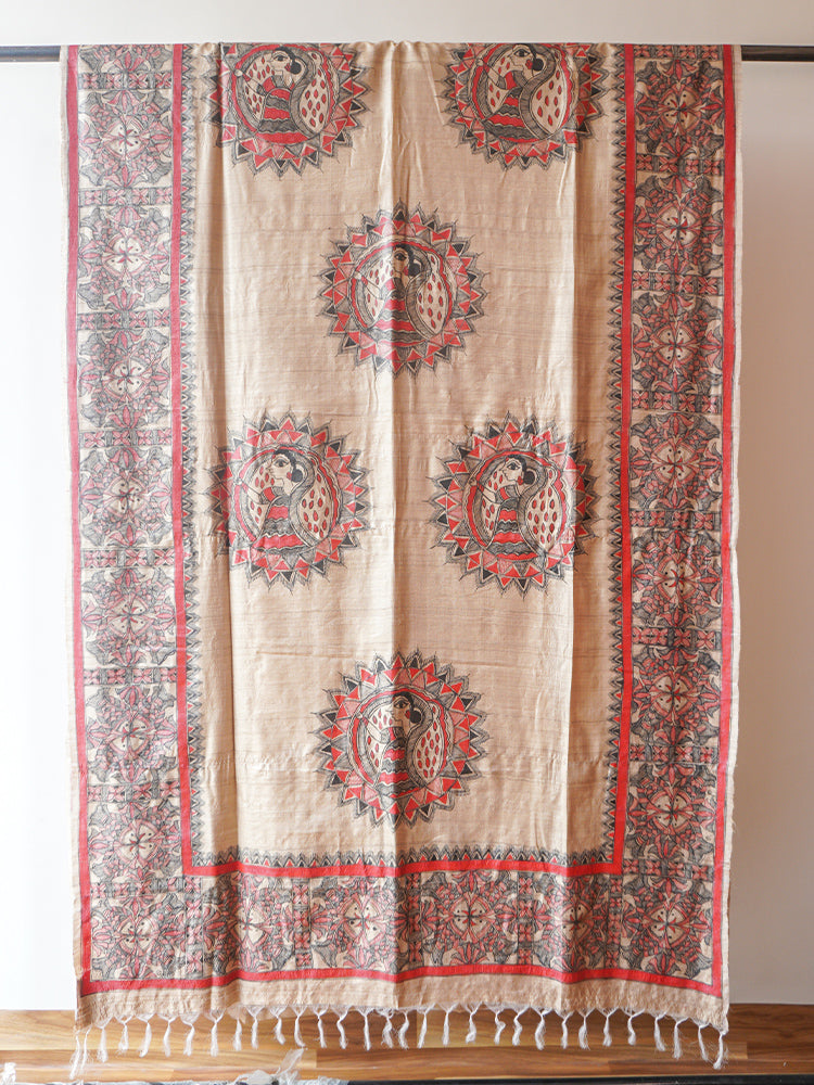 Multicolour Madhubani Hand printed Silk Saree
