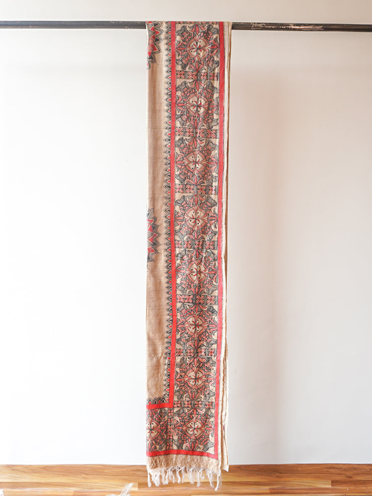 Multicolour Madhubani Hand printed Silk Saree
