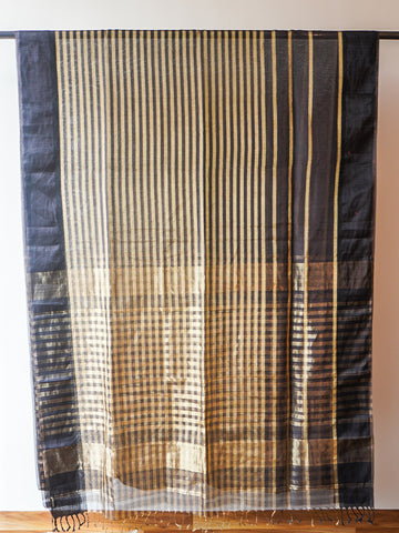 Grey & Black Maheshwari Silk Saree