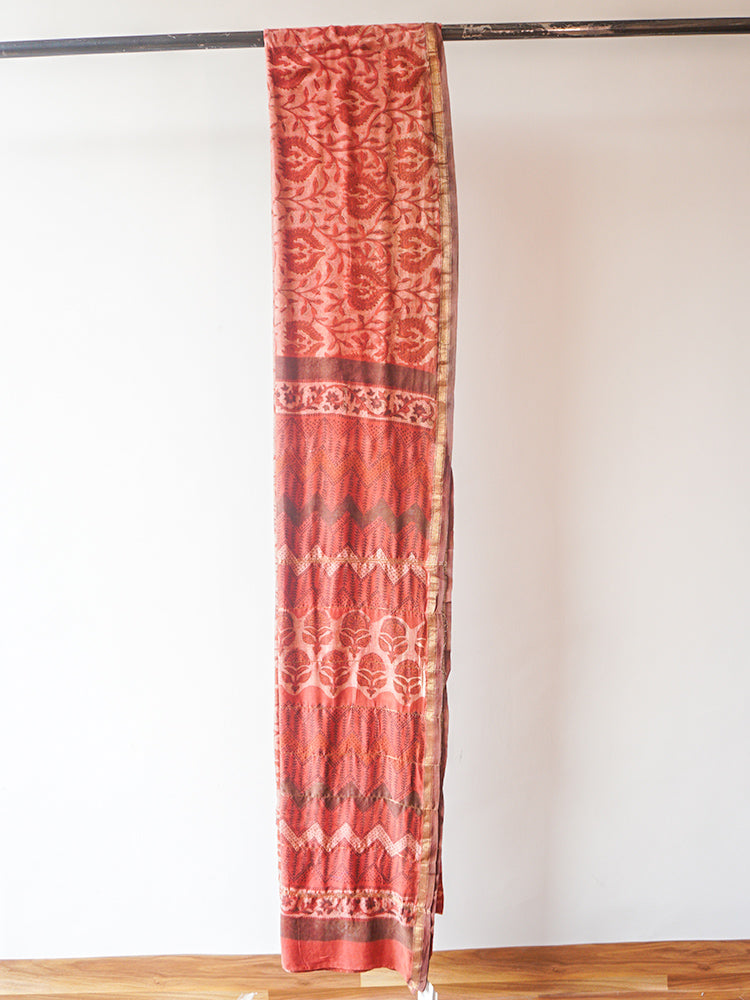Peach Orange Dabu Block Print Saree