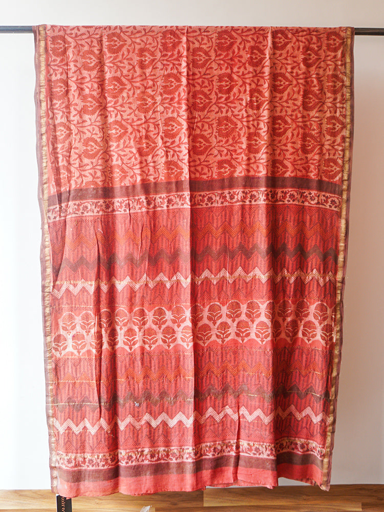Peach Orange Dabu Block Print Saree
