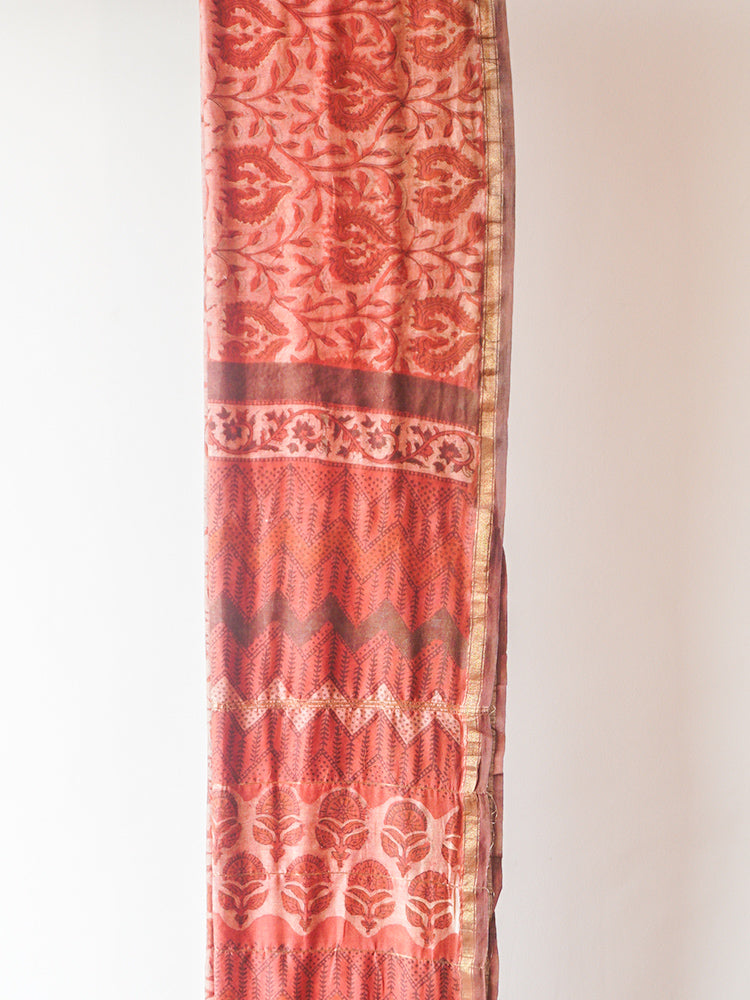 Peach Orange Dabu Block Print Saree