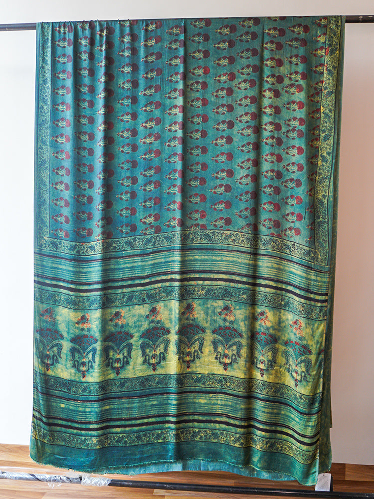 Blue Green Dabu Block Print Saree