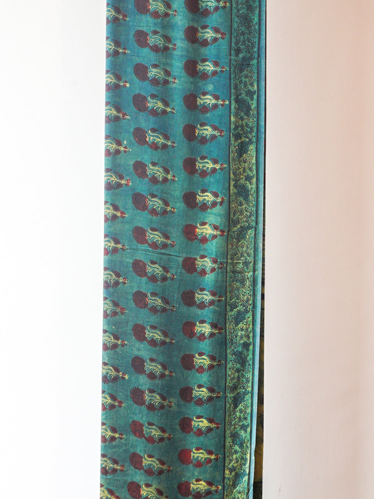 Blue Green Dabu Block Print Saree