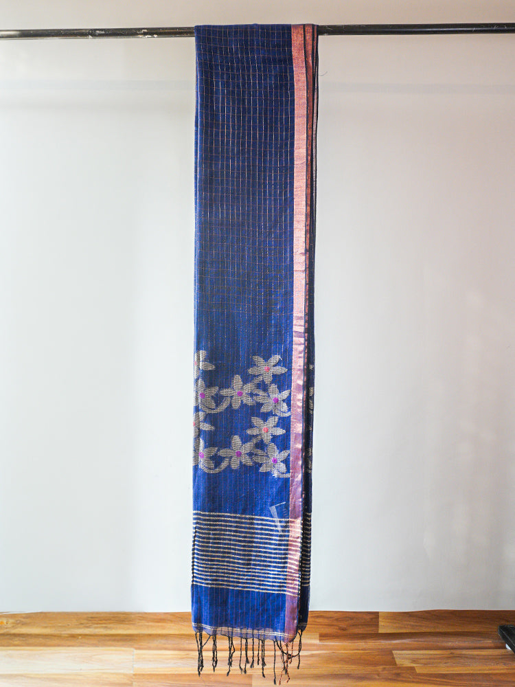 Blue Linen With Jamdani Zari Saree