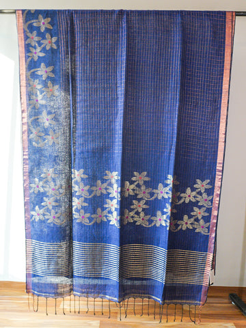 Blue Linen With Jamdani Zari Saree