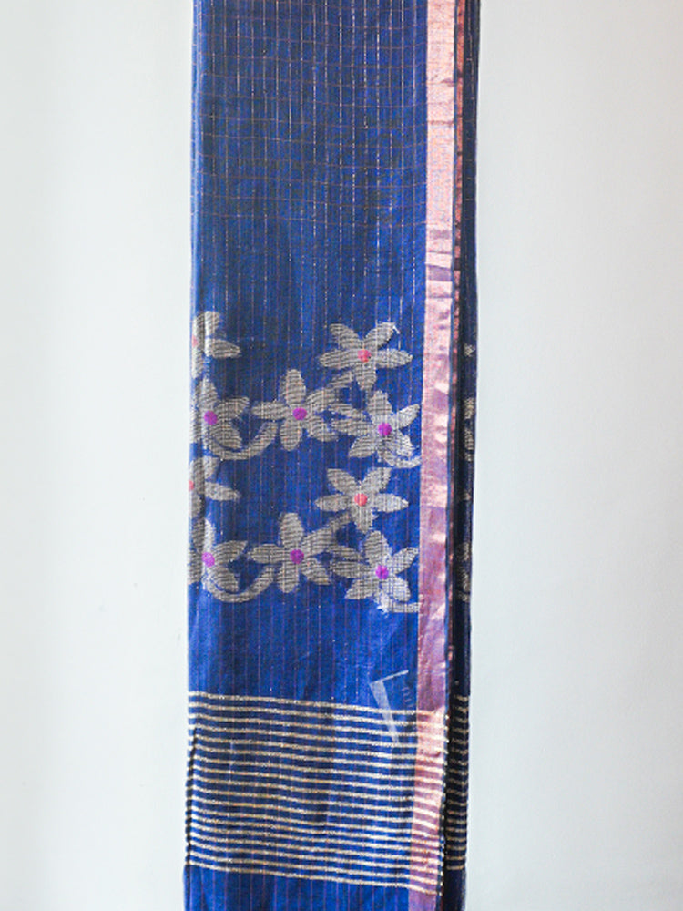 Blue Linen With Jamdani Zari Saree