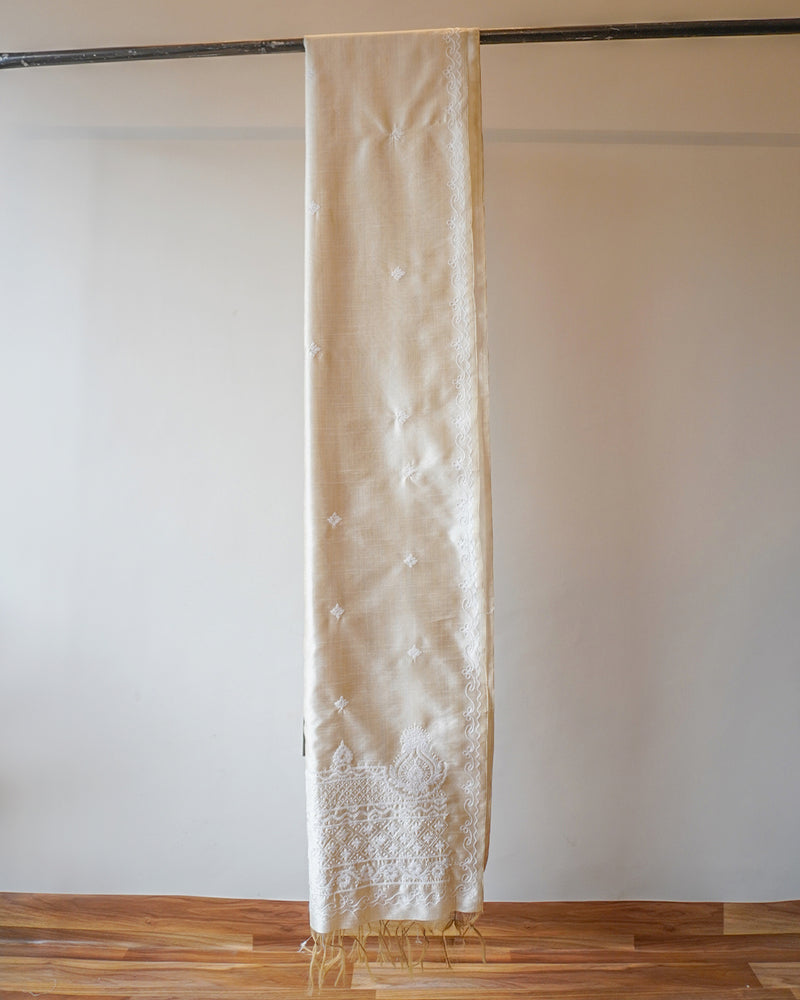 White And Cream Kashmiri Aari Cocoon Silk Saree
