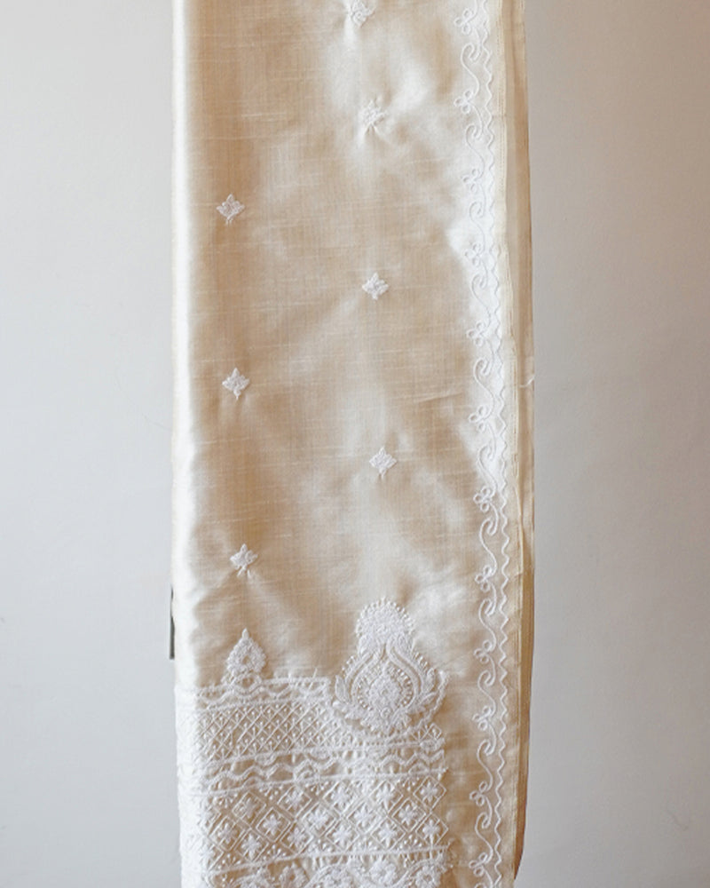 White And Cream Kashmiri Aari Cocoon Silk Saree