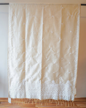 White And Cream Kashmiri Aari Cocoon Silk Saree
