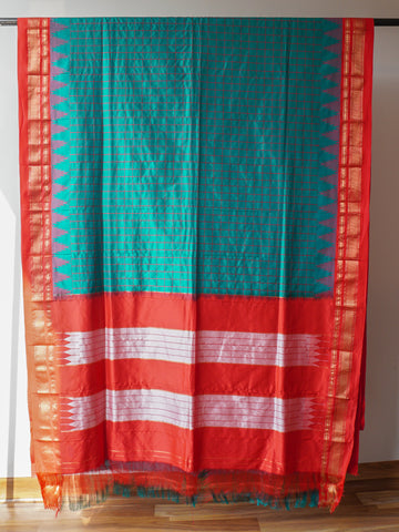 Viridian Green And Red Ilkal Silk Saree