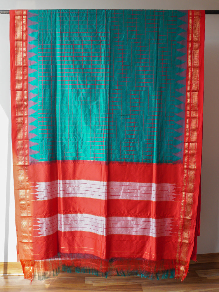 Viridian Green And Red Ilkal Silk Saree
