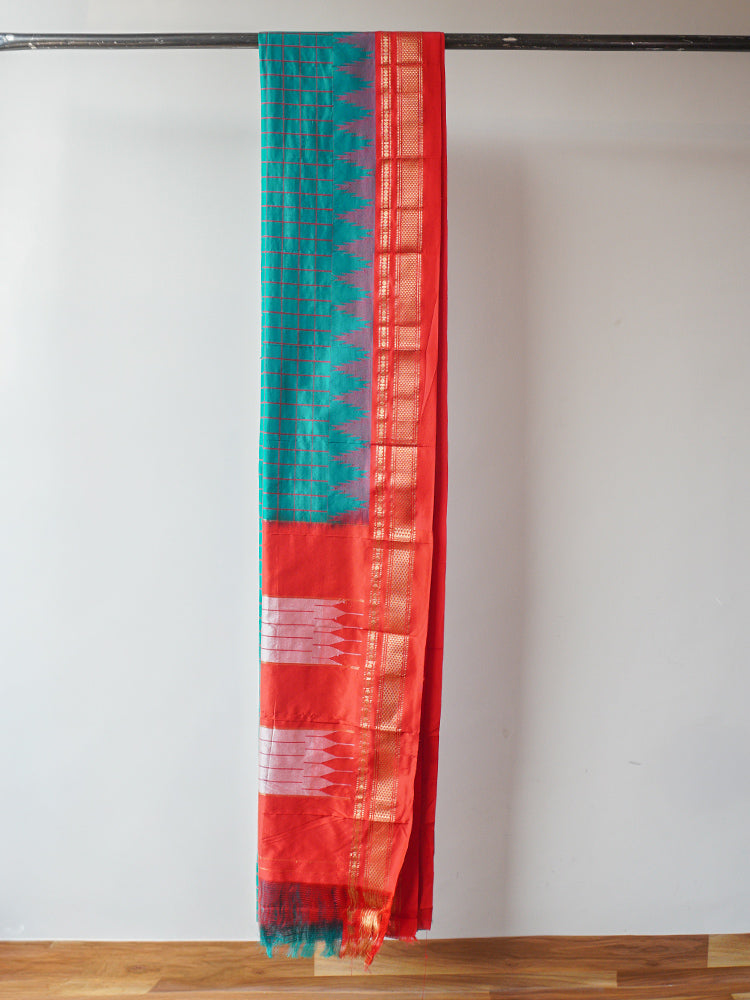 Viridian Green And Red Ilkal Silk Saree