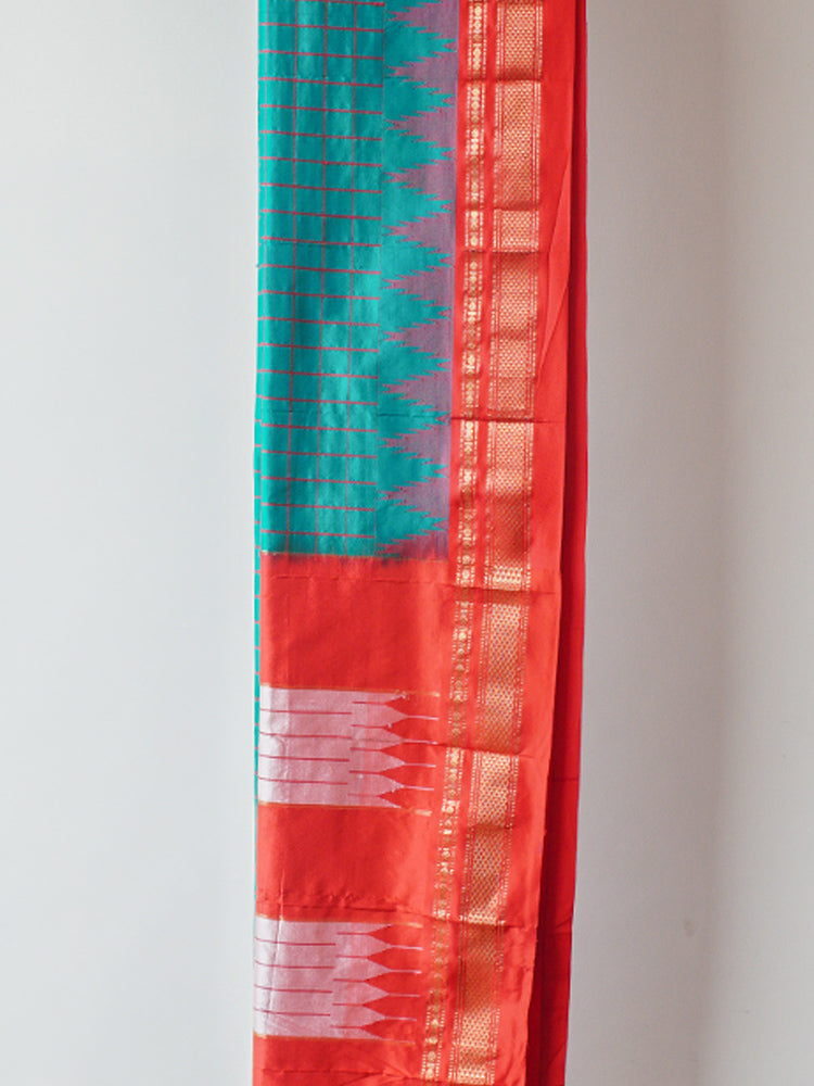 Viridian Green And Red Ilkal Silk Saree