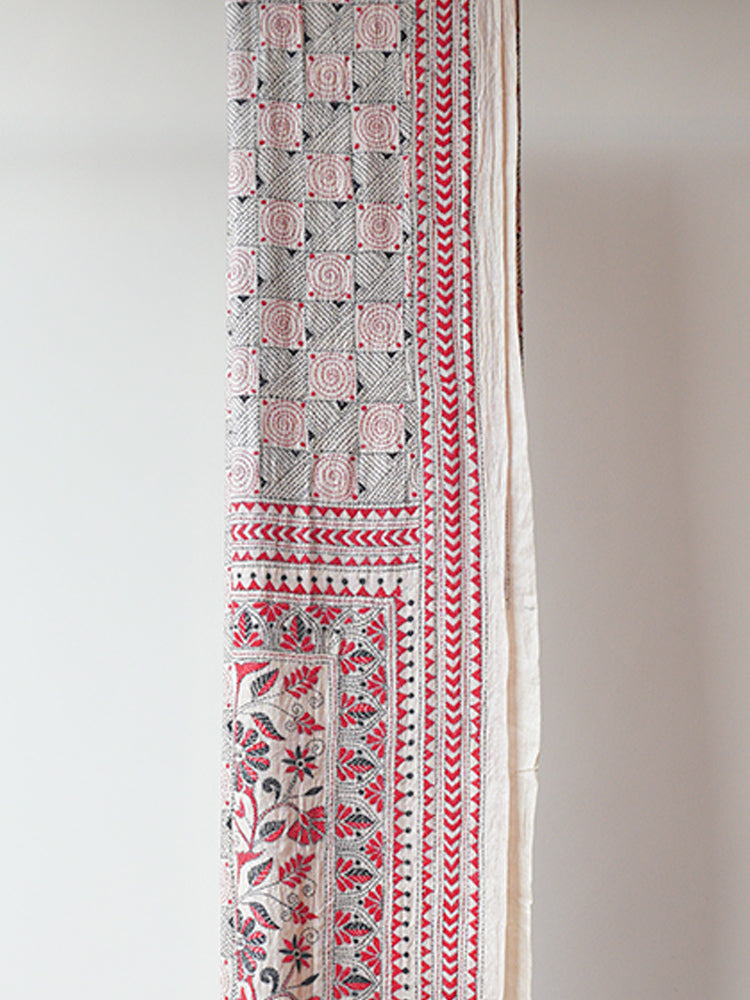 Red Grey Kantha Silk Saree