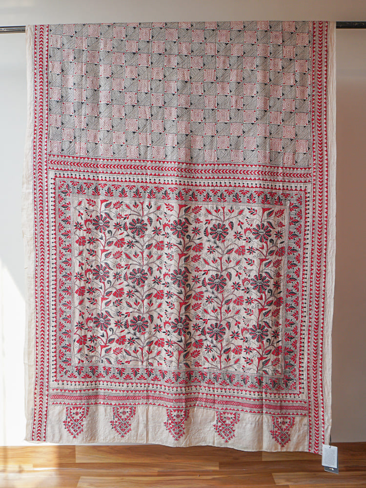 Red Grey Kantha Silk Saree